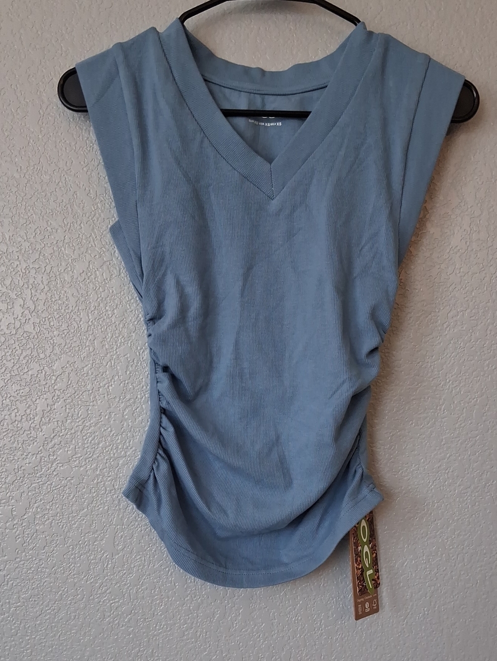 OGL Blue Sleeveless V-Neck Side-Ruched Tank Top